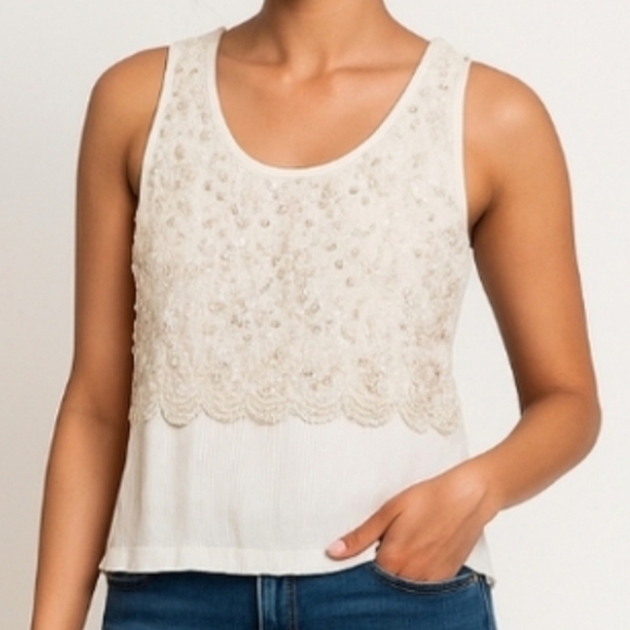 Icing 100% Rayon White Cream Sequin Embellished Crinkle Crop Tank Top Medium - Picture 11 of 11